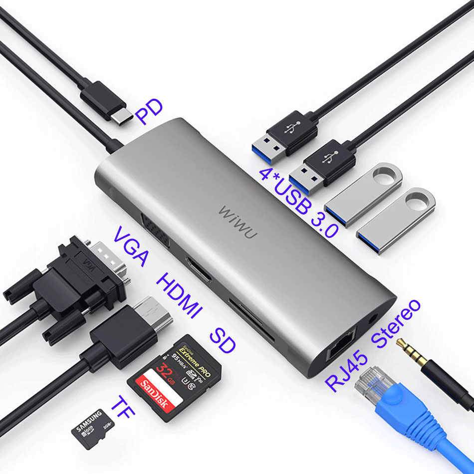 WiWU Alpha 11 in 1, WiWU Type C Hub, 11 in 1 Adapter with USB C to RJ45, HD MI, VGA, 4USB, Card Reader, 3.5 mm audio and Type C