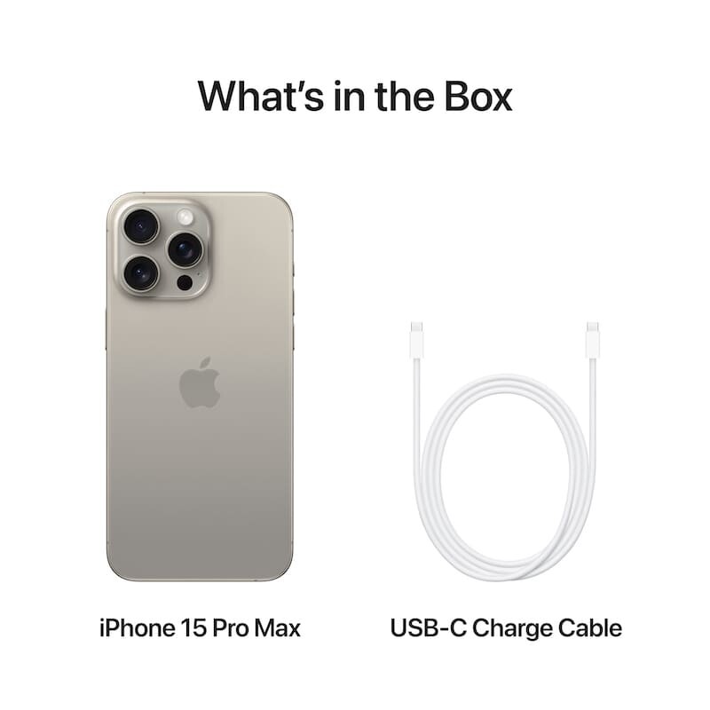 What's In the Box of iPhone 15 Pro Max- one iPhone 15 Pro Max and one USB C Charging Cable