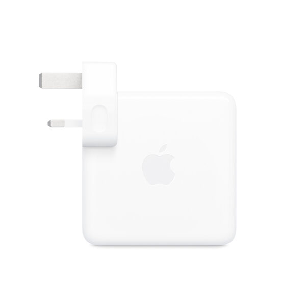 Apple 96W Power Adapter in use with MacBook Pro, highlighting efficient charging capabilities.