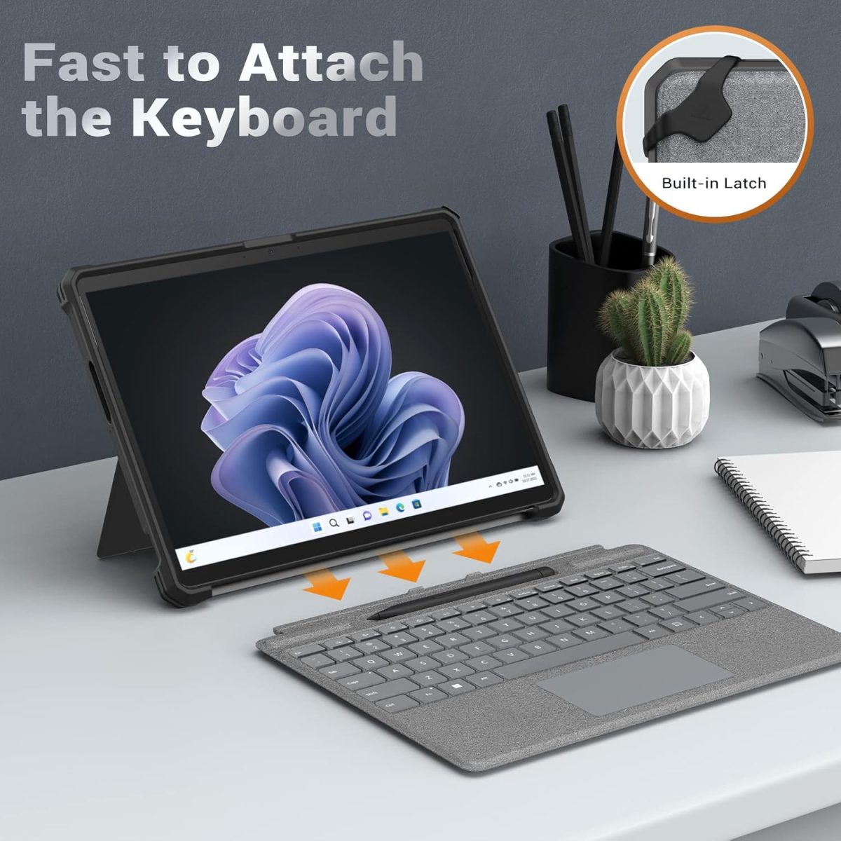 MoKo Case in black, designed for Microsoft Surface Pro, placed on a desk setup