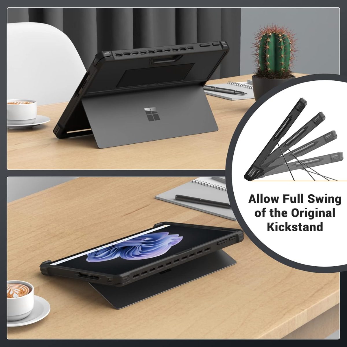 Back view of MoKo Case highlighting compatibility with the Surface Pro kickstand.