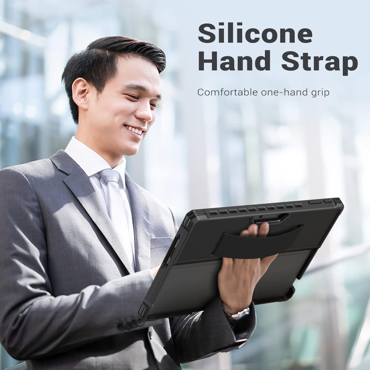 Close-up of MoKo Case hand strap for secure one-handed use