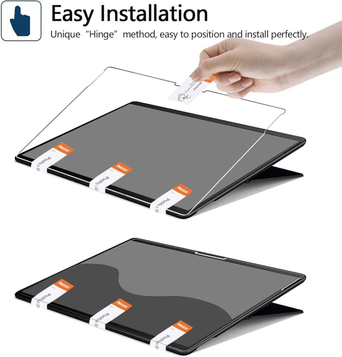 Step-by-step installation process of the Vmax Screen Protector for Surface Pro, using the hinge method.