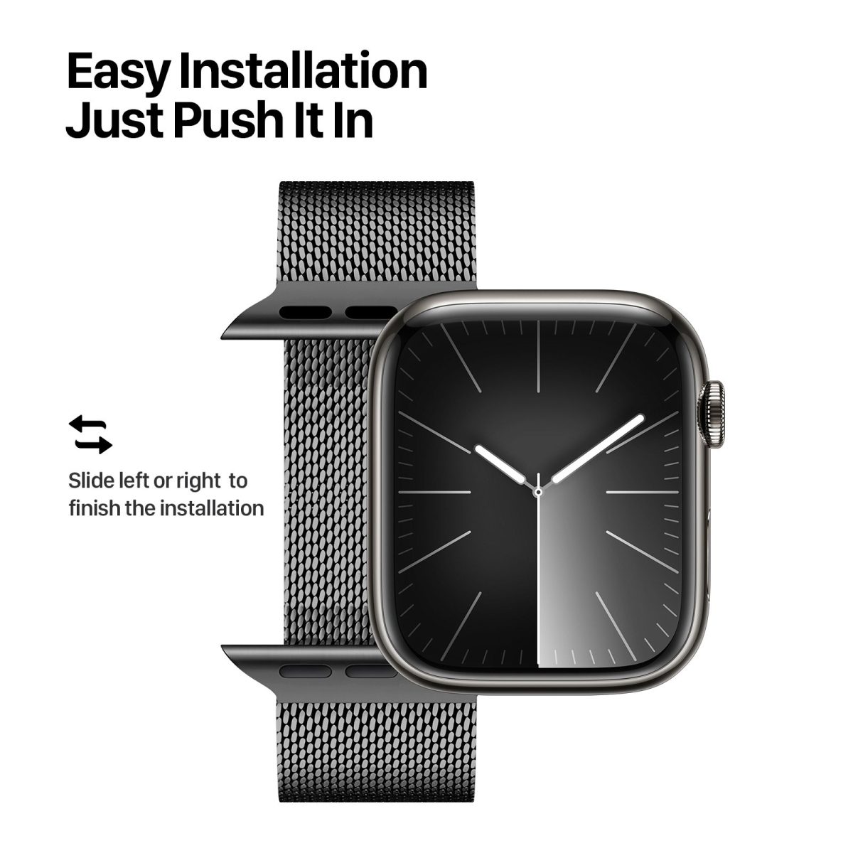 Graphite Apple Watch Milanese strap on hand