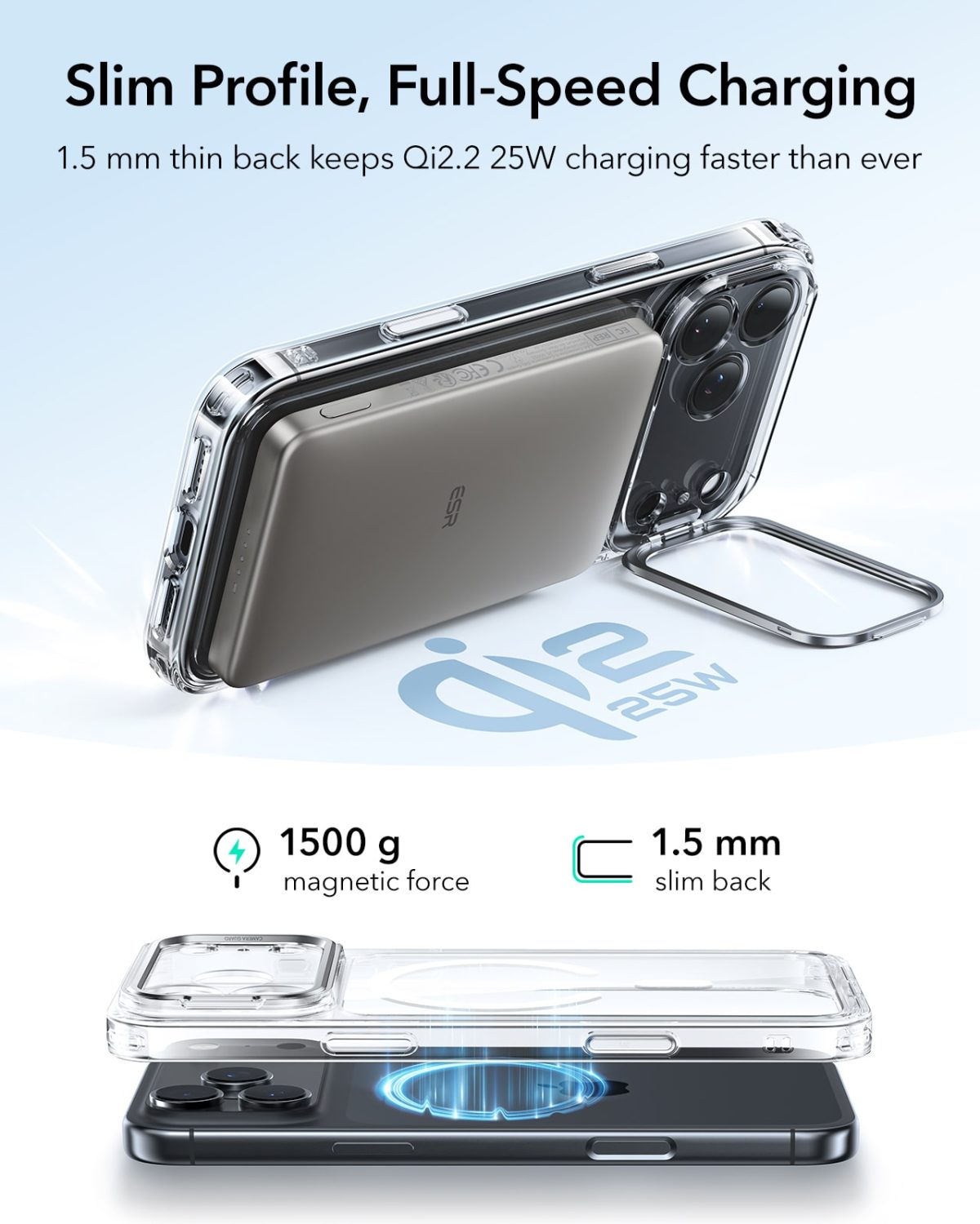 ESR Classic Stash Stand Case with Camera Control Button- Clear 1-min