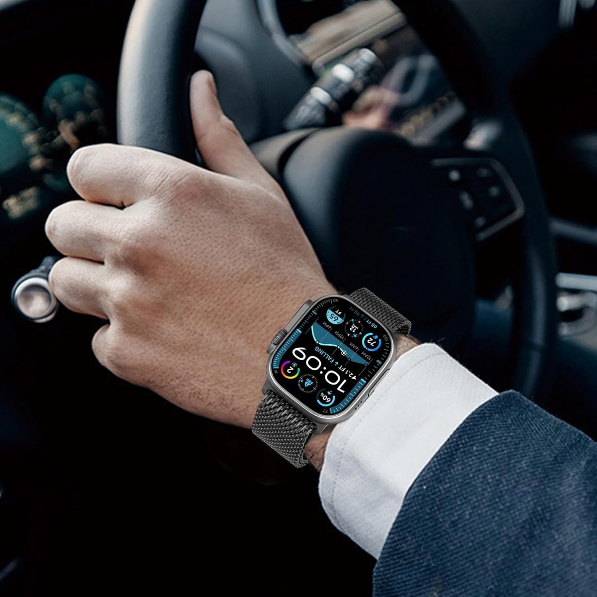 Black COTECi Milanese Loop strap on Apple Watch worn on wrist, comfortable fit