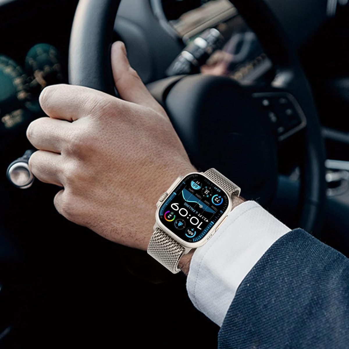 COTECi Milanese Loop strap Apple Watch worn outdoors, demonstrating style and comfort