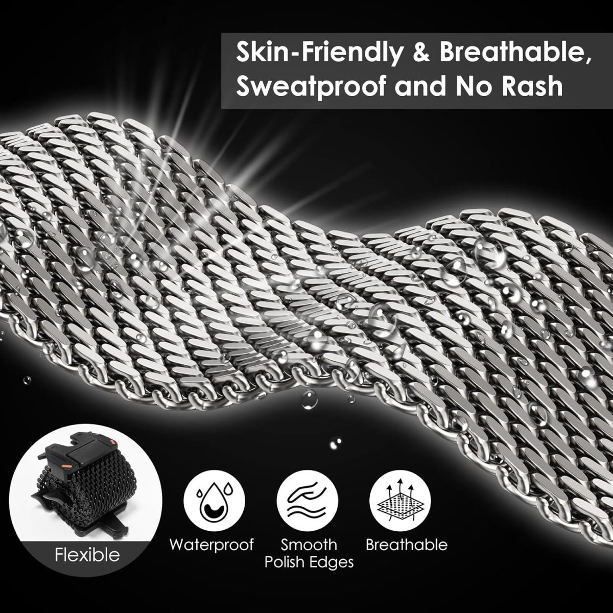 Close-up view of COTECi Milanese Loop metal mesh strap for Apple Watch showing breathable design