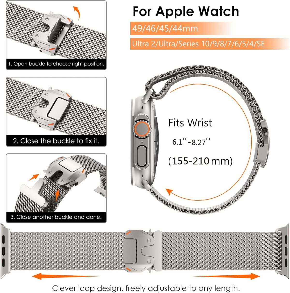 COTECi Milanese Loop strap compatibility chart showing Apple Watch Ultra and Series 11–1