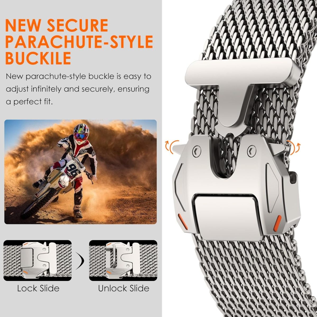 Parachute clasp detail of COTECi Milanese Loop strap for secure Apple Watch fit