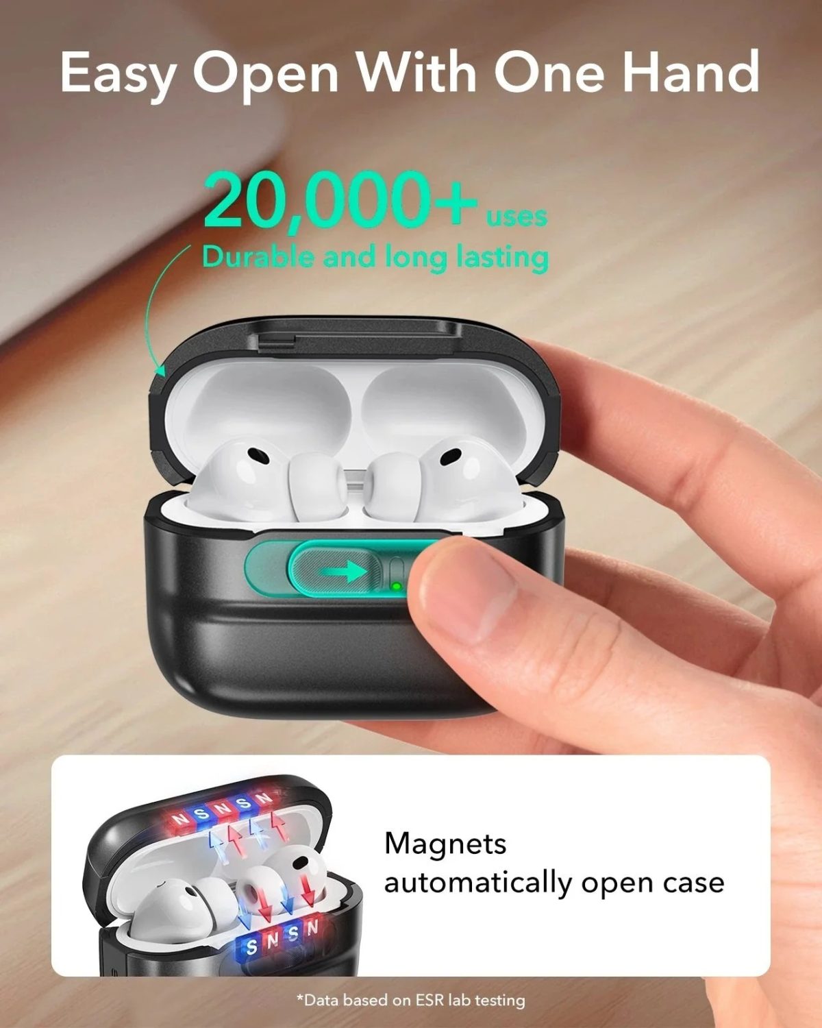 Close‑up view of FlickLock latch on AirPods Pro 3 case