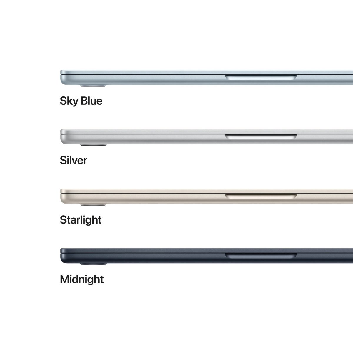 MacBook Air M5 in four colours — Sky Blue, Silver, Starlight and Midnight