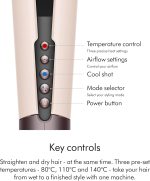 Dyson Airstrait color LCD screen displaying heat and speed settings