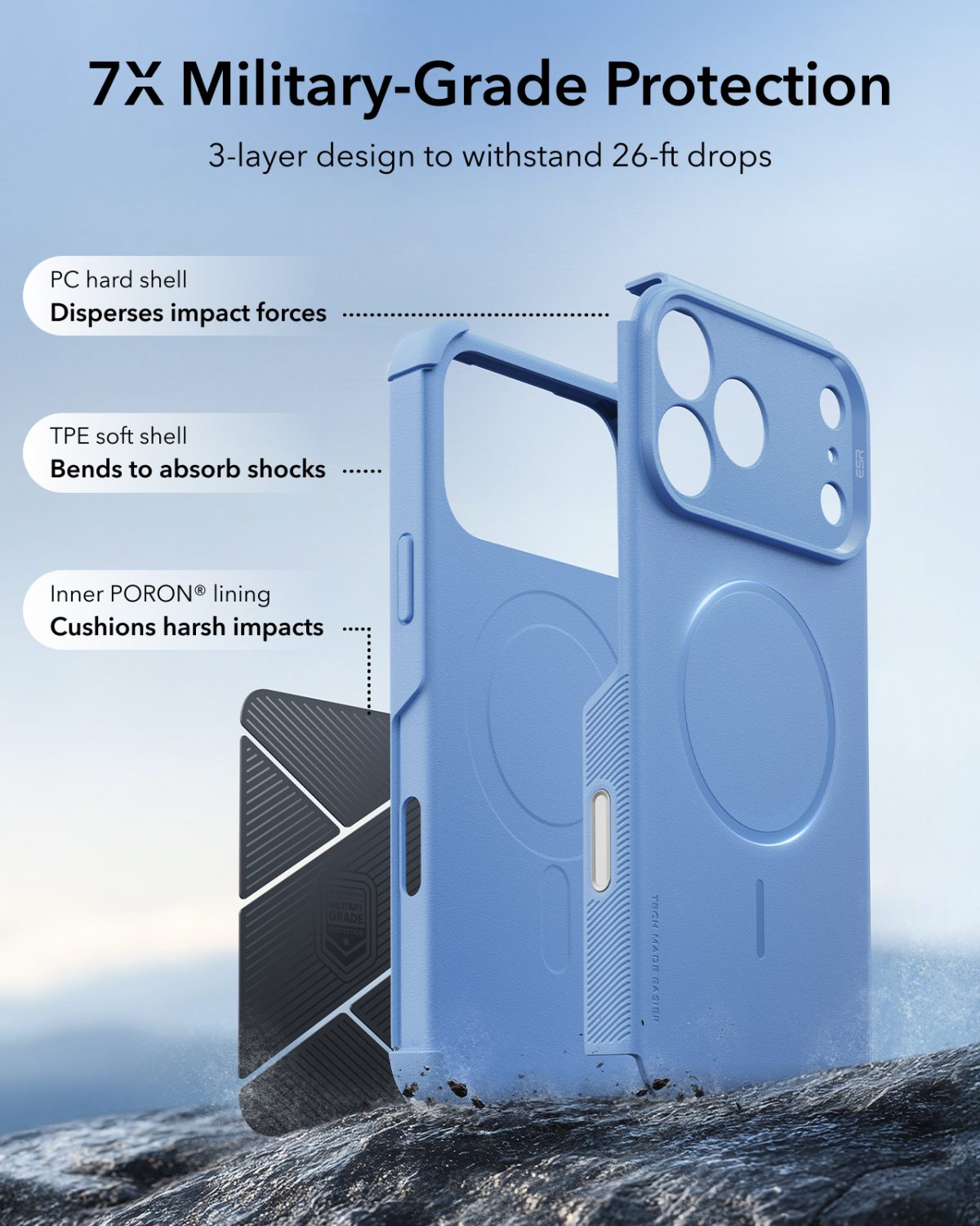 ESR iPhone 18, 17 Series Cyber Tough Flex Stand Case Light Blue